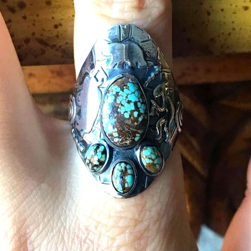 Genuine Blue Turquoise Sterling Silver Statement Ring Size 10